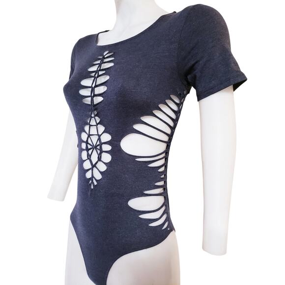 MOON GODDESS - LARGE - Junior/Women's Cut and Weaved Charcoal Grey Leotard, Fun - Picture 3 of 10